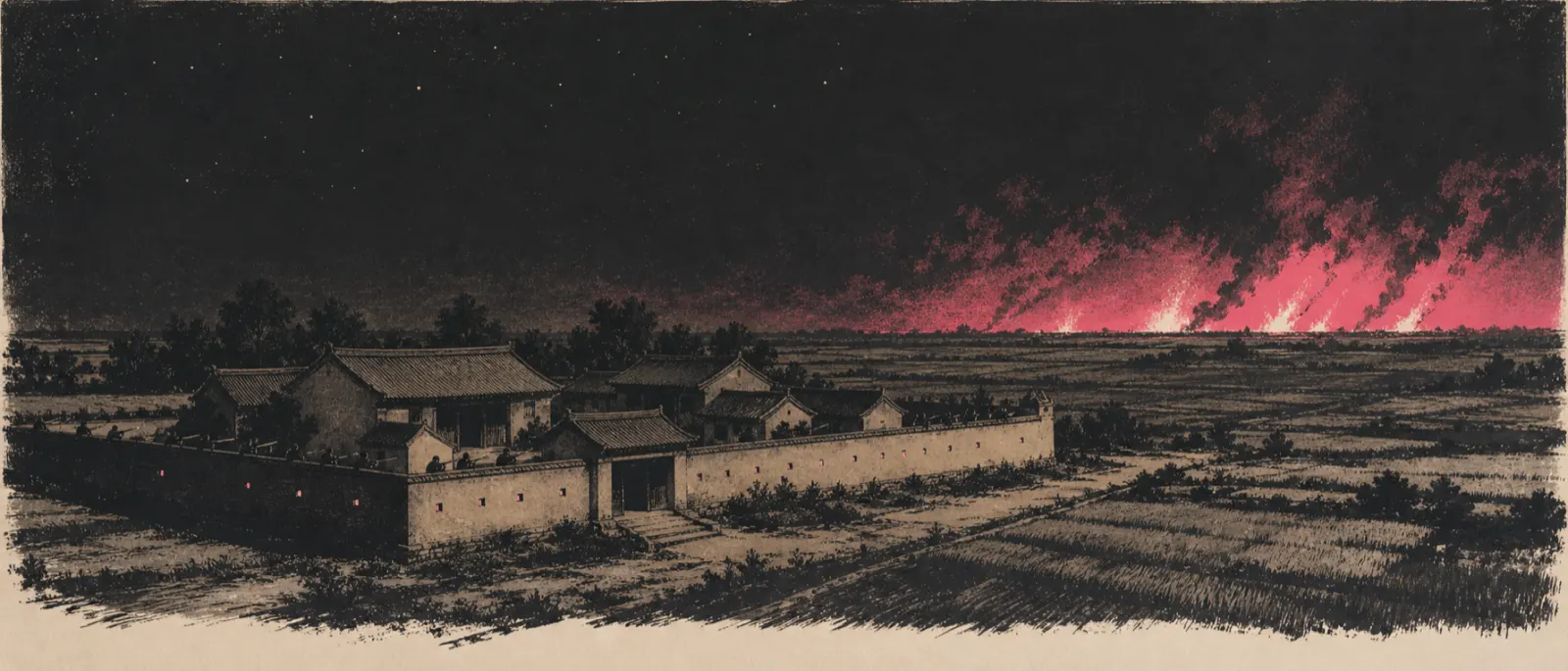 插畫：1895 年夜色中的胡屋，牆上槍眼透光，遠方砲火映紅天際