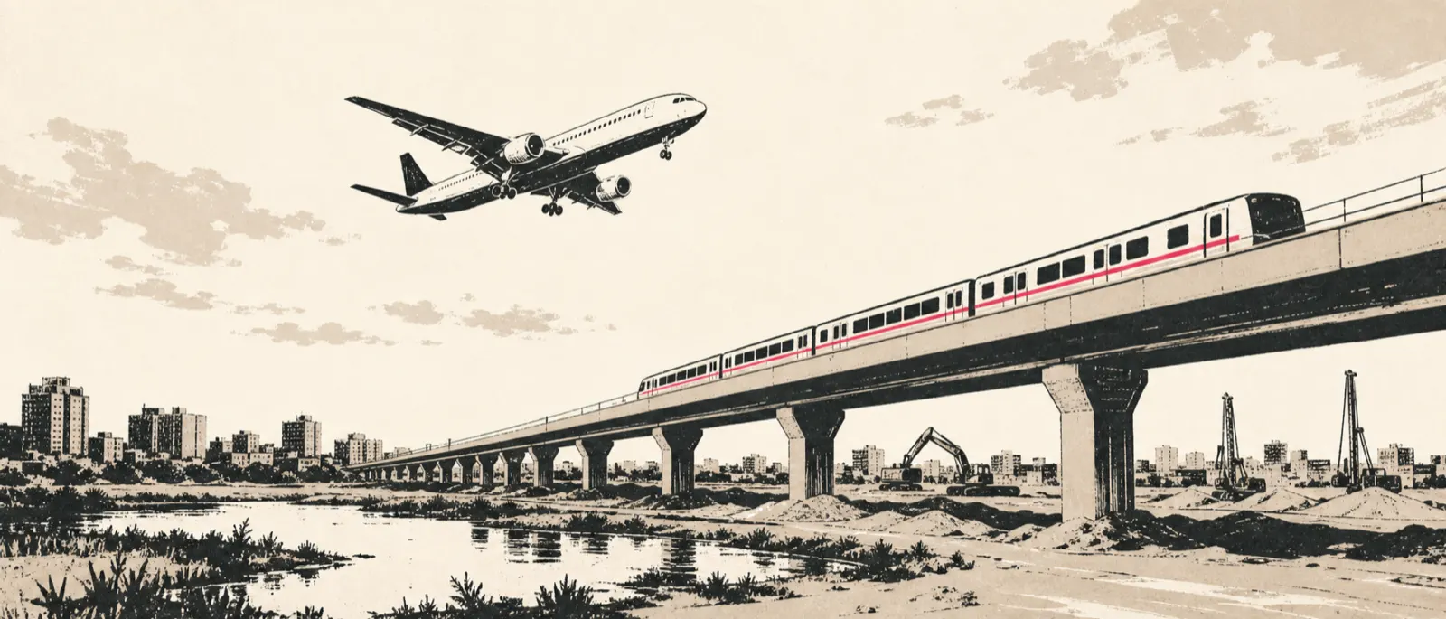 插畫：客機低空掠過埤塘與工地，捷運列車駛過高架橋
